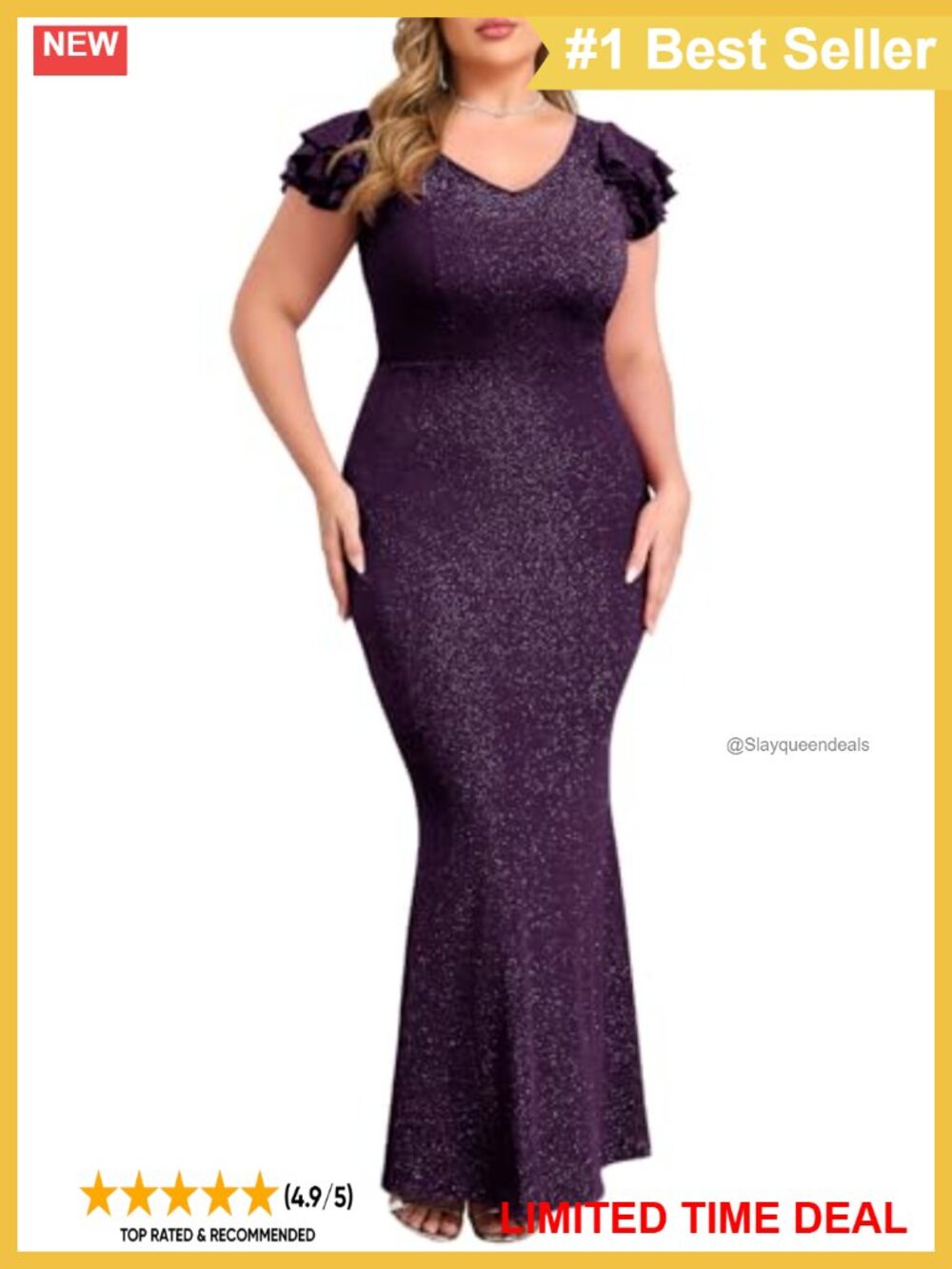 Plus Size Formal Evening Gown Maxi Bodycon Mermaid V-Neck Ruffle Sleeve Dress